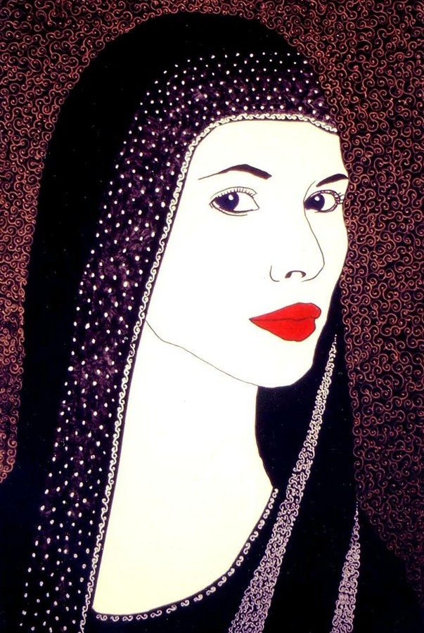 Dipinto raffigurante il volto femminile di una fata (jana). Acrilico del pittore sardo Alessio Onnis.