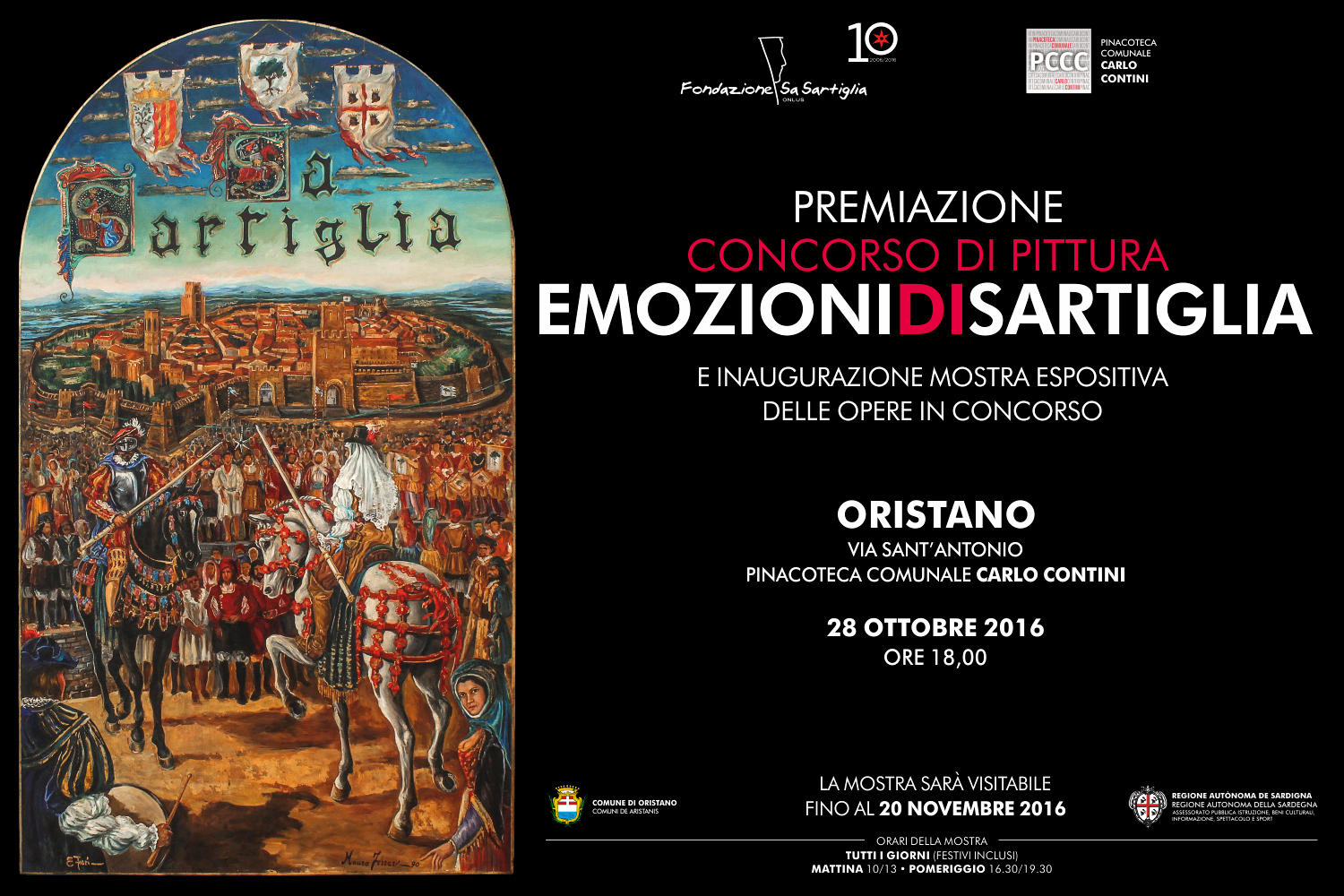 La migliore tra le 57 opere partecipanti al concorso Emozioni di Sartiglia si conoscerà venerdì 28 ottobre, alle 18, nel corso della cerimonia di premiazione in programma nella Pinacoteca comunale Carlo Contini.