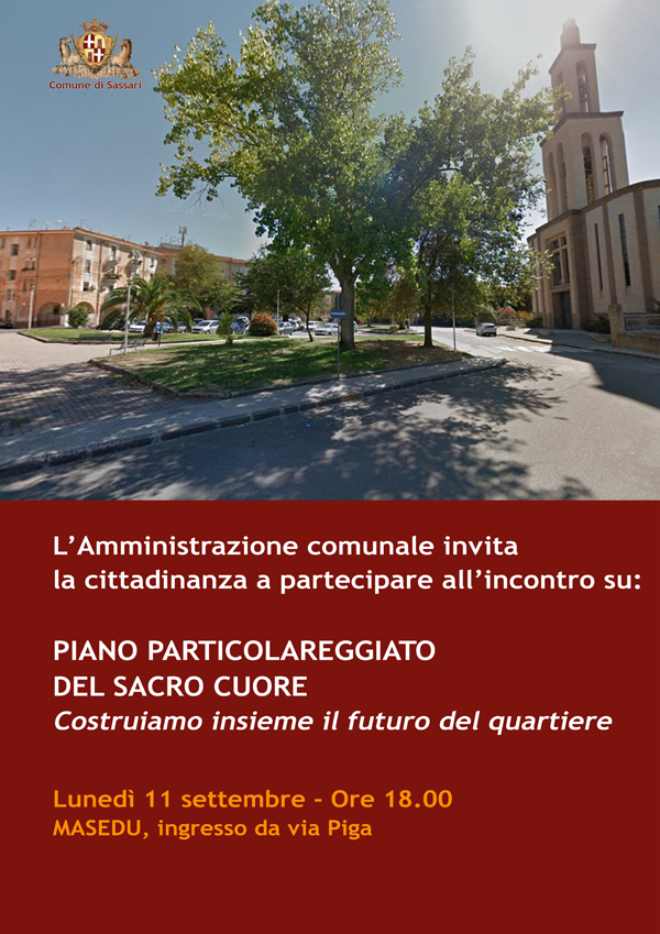 Quartiere Sacro cuore Monte Rosello. L'adozione preliminare del piano particolareggiato per il quartiere Sacro Cuore è stata votata ad agosto dal Consiglio comunale e ora, come prevede la normativa, la cittadinanza può presentare osservazioni. Per questo l'Amministrazione comunale ha organizzato un incontro pubblico al Masedu, con ingresso da via Piga, per lunedì 11 settembre 2017 alle 18.